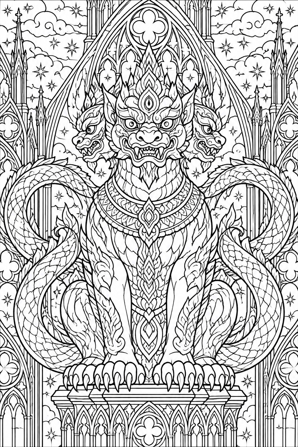 Three-headed ornate dragon with scaled coils and claws before gothic arches