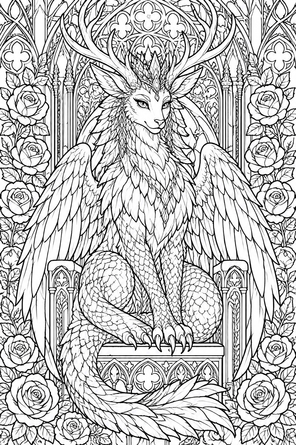 A black and white line drawing of a winged antlered creature with scales and feathers sitting on an ornate throne surrounded by roses and gothic arches.