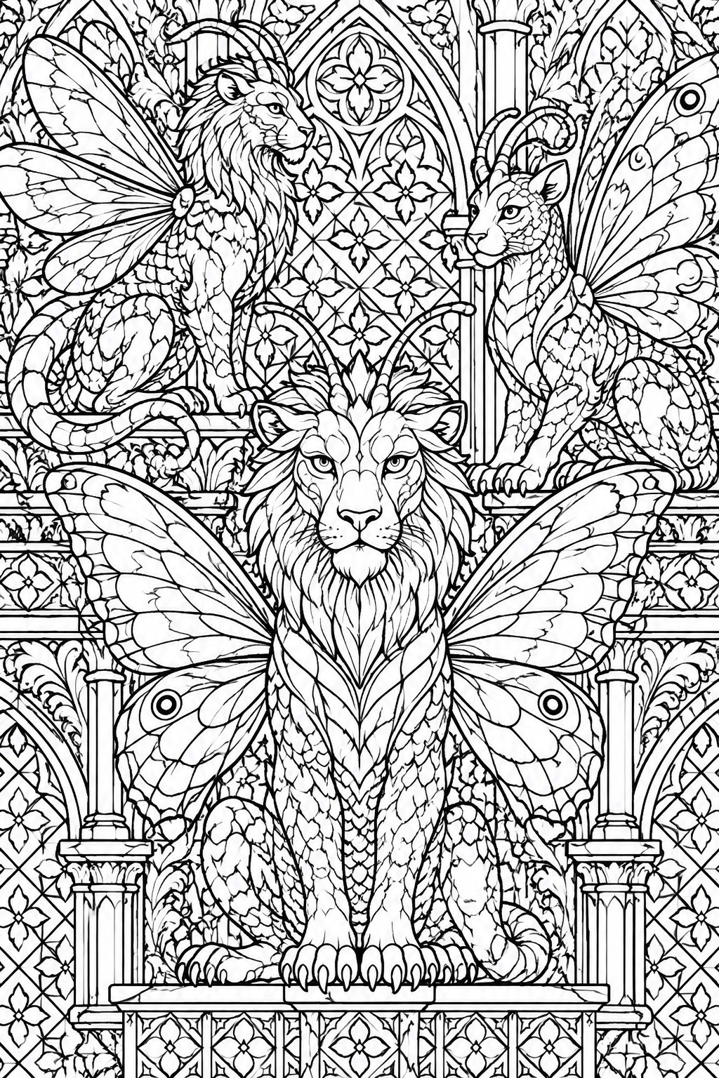 Black and white line art coloring page showing three winged lion chimeras with horns and scales posed in front of gothic arches and columns.