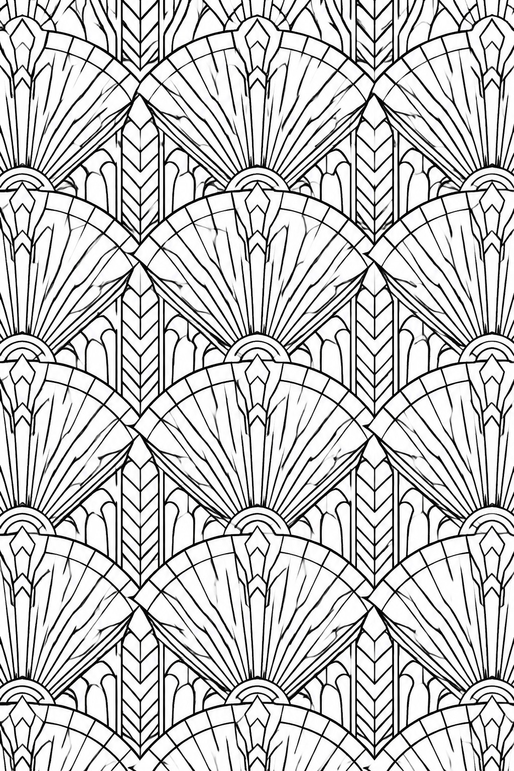 Black and white repeating Art Deco fan pattern with geometric motifs