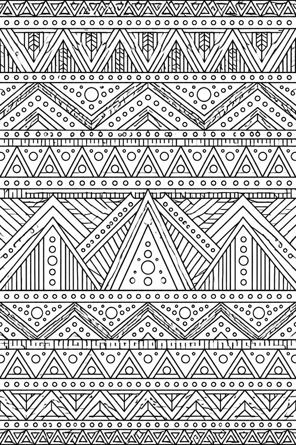 A black and white coloring page filled with horizontal bands of geometric patterns including triangles, zigzags, circles, and dots.