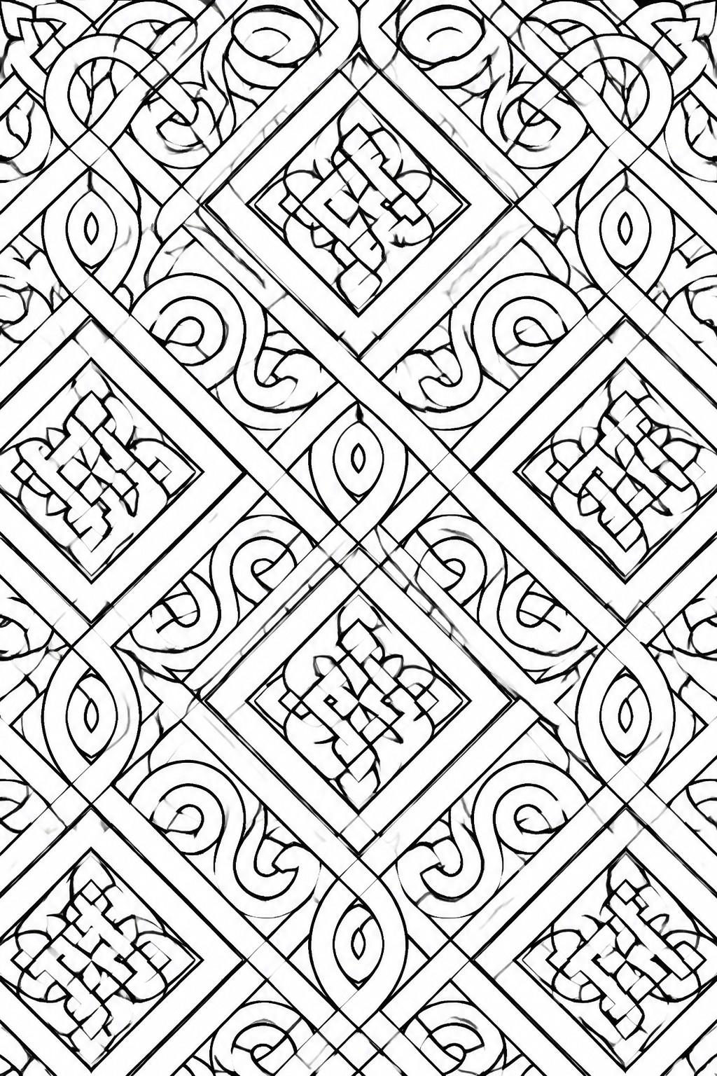 Intricate black and white Celtic knotwork with interlaced swirls and square motifs.