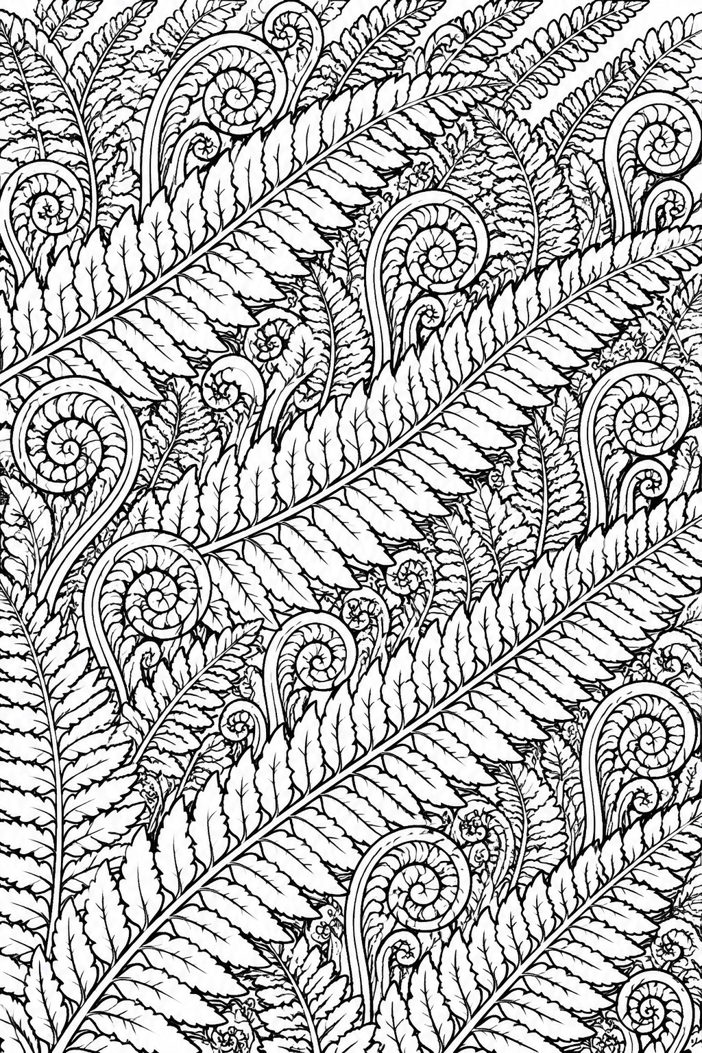 A black and white coloring page filled with detailed fern leaves and spiral fiddleheads in a dense overlapping pattern.