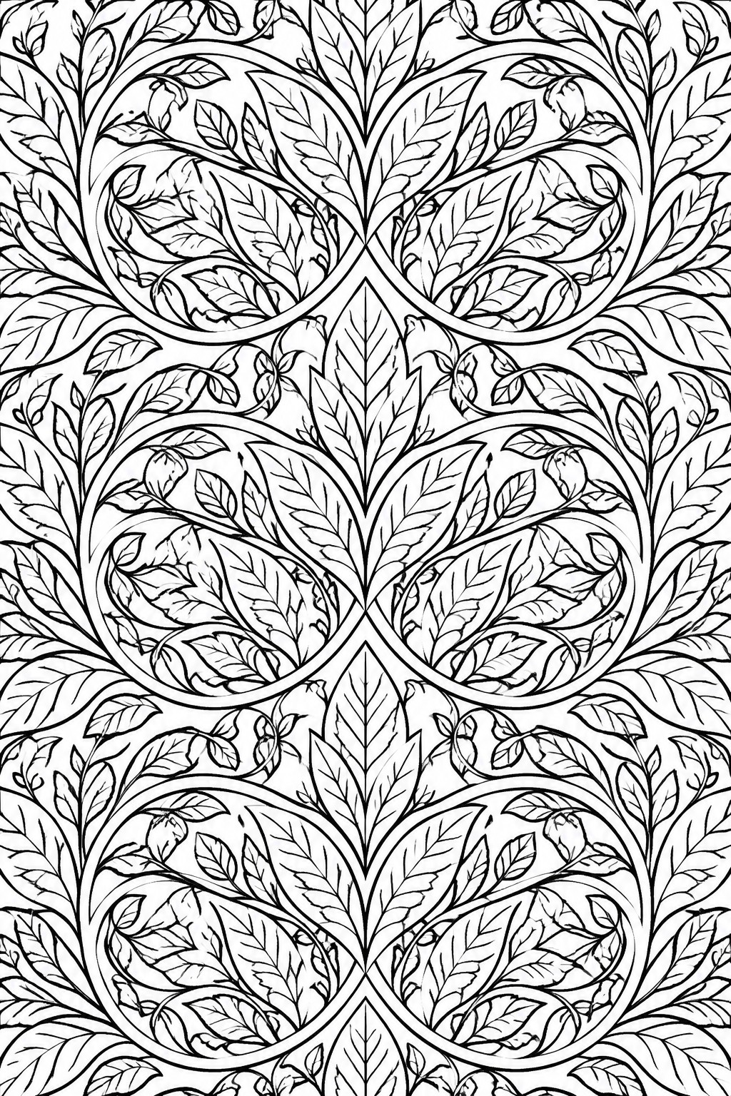 Intricate black and white repeating pattern of swirling leaves and vines.