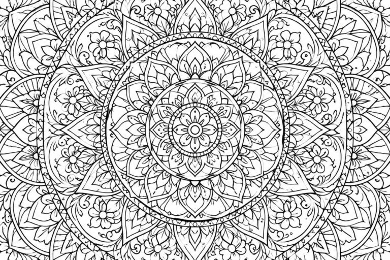 22 Therapeutic Adult Coloring Pages Centered on Repetitive Pattern Designs Intricate black-and-white mandala with floral patterns, leaves, and symmetrical circular designs
