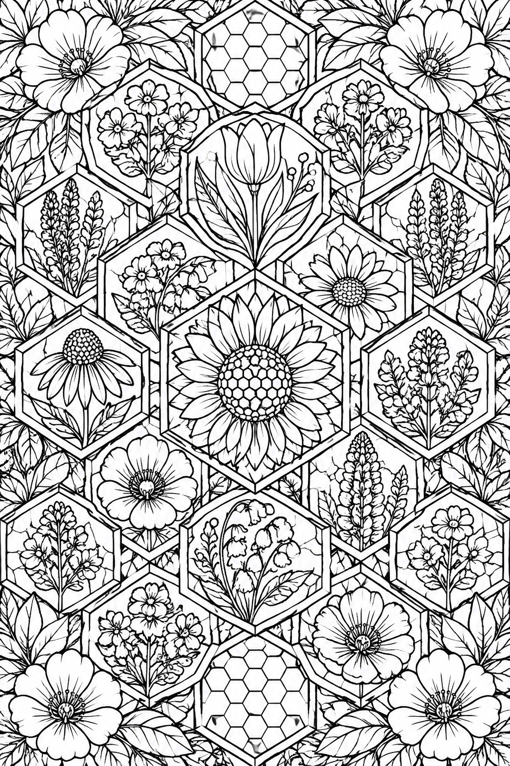 Intricate black-and-white floral pattern with flowers inside hexagonal frames and honeycombs.