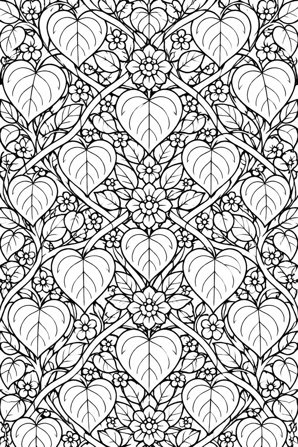 Intricate black-and-white line art of hearts, flowers, and leafy vines.