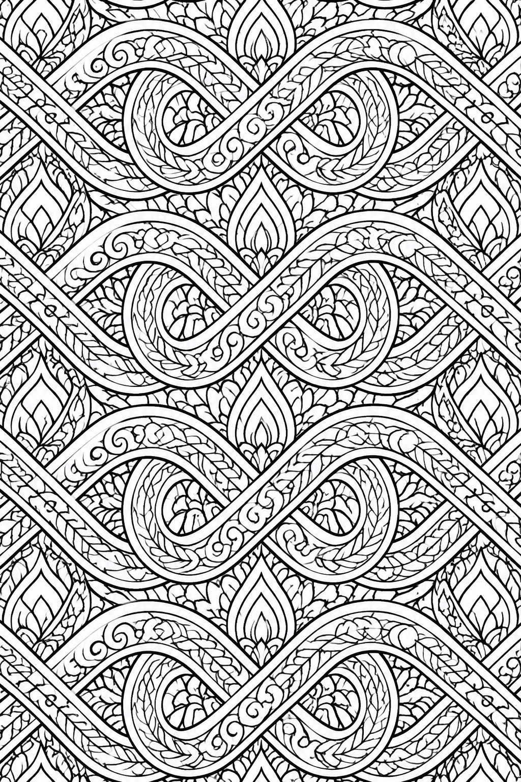 A black and white coloring page showing multiple overlapping infinity symbols with braided patterns and leaf motifs filling the spaces between them.