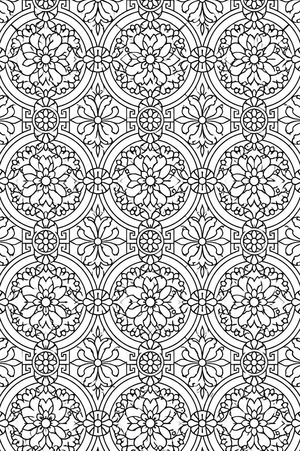 A black and white coloring page showing rows of intricate circular floral patterns with repeating flower and geometric motifs.