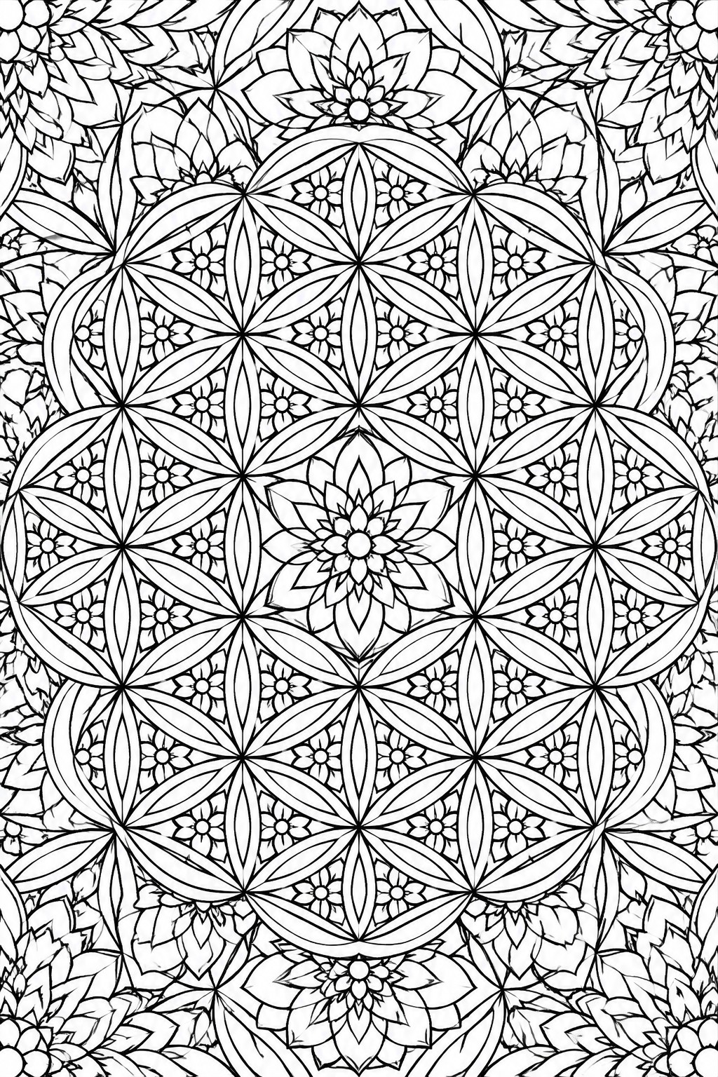 Intricate black and white mandala with floral and geometric patterns
