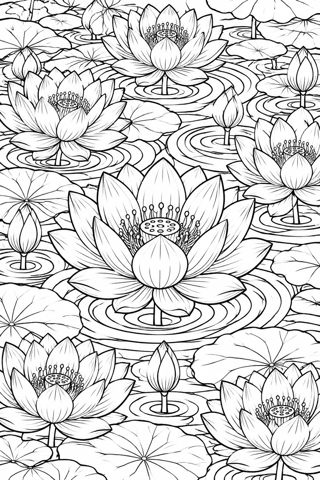 Black and white coloring page of multiple lotus flowers, buds, and lily pads floating on water with ripple patterns.