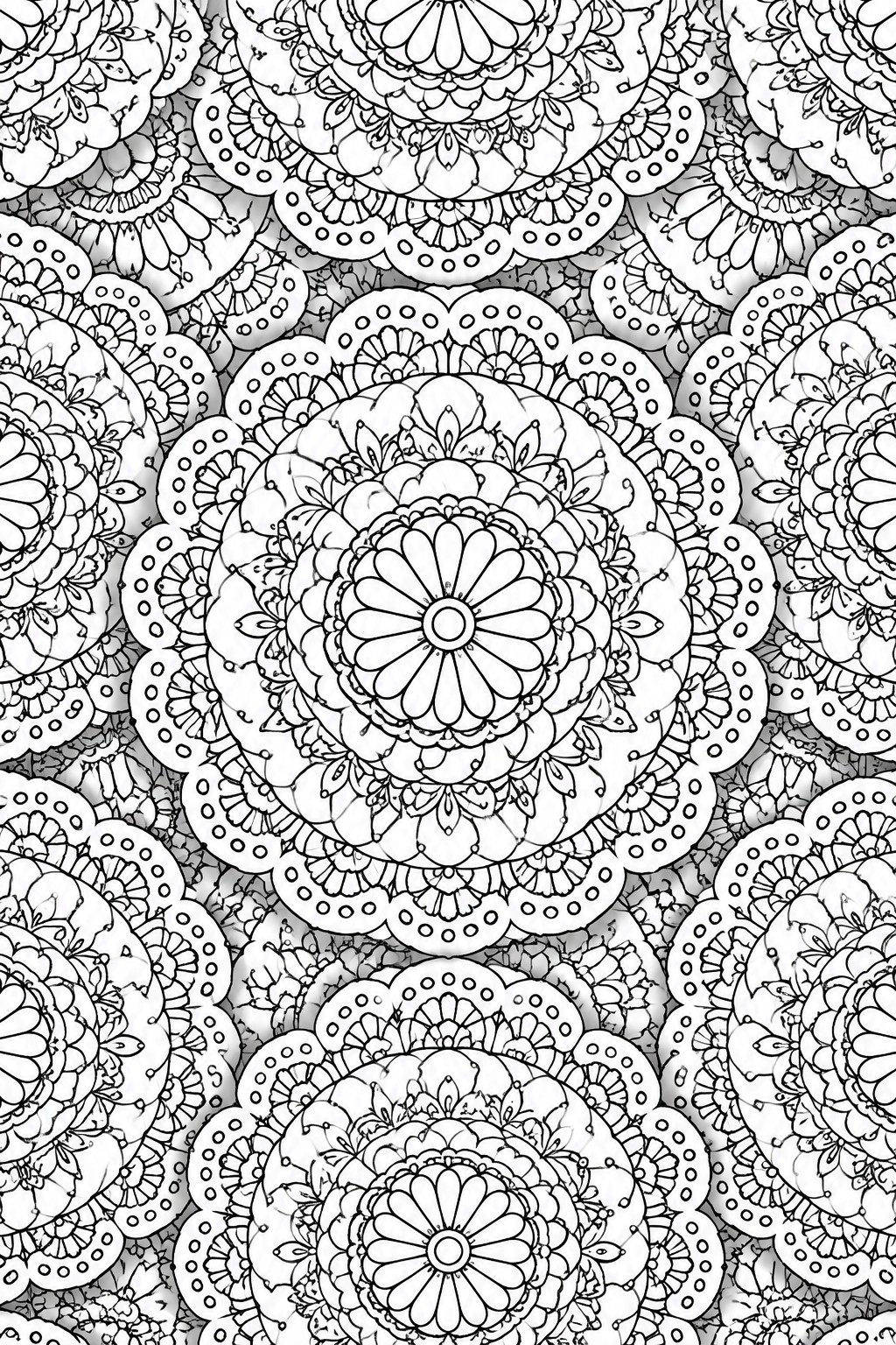 Dense overlapping black and white mandala circles with intricate floral patterns.