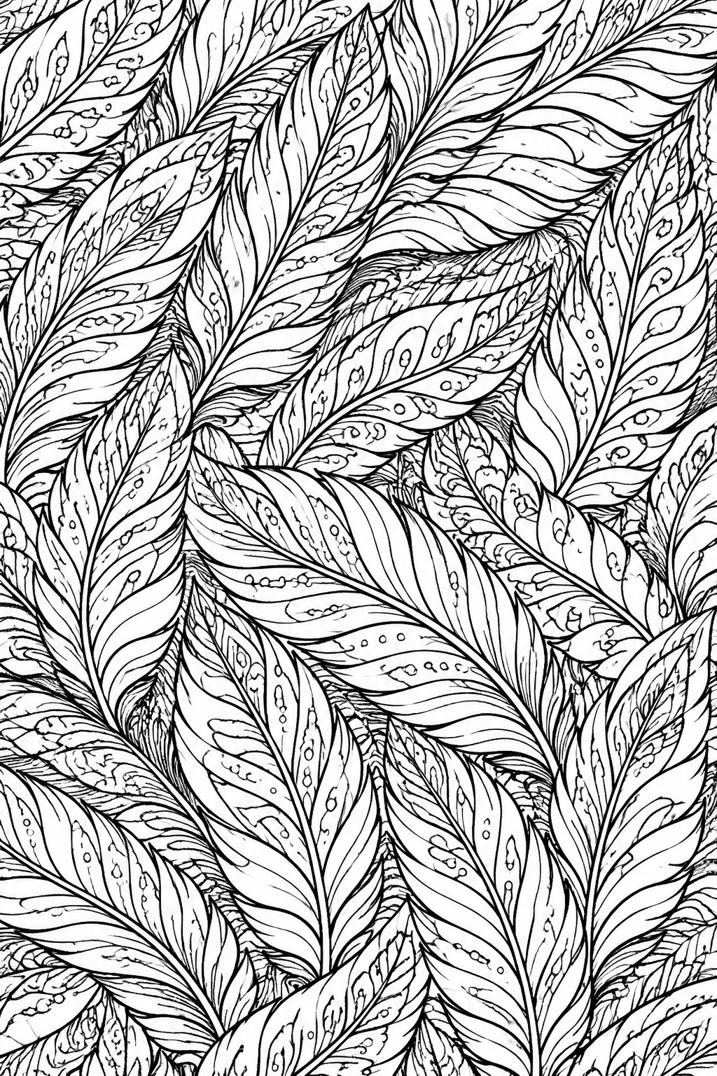 A black and white coloring page filled with many overlapping feather drawings in different sizes and angles.