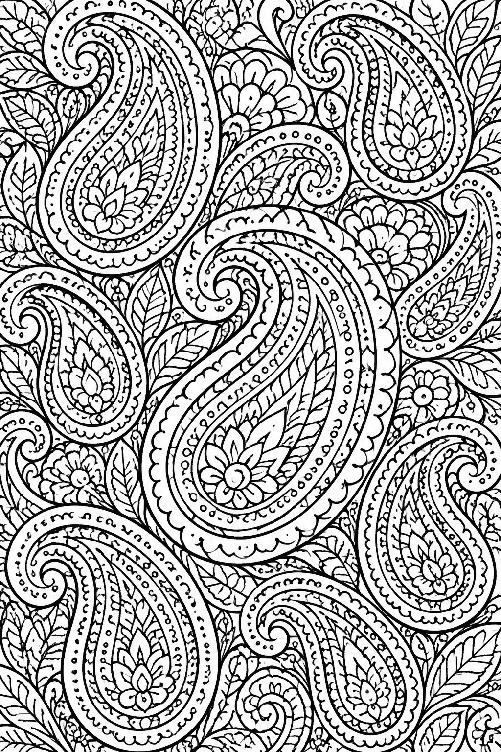 Intricate black-and-white paisley pattern with swirling teardrops, flowers, and leaves