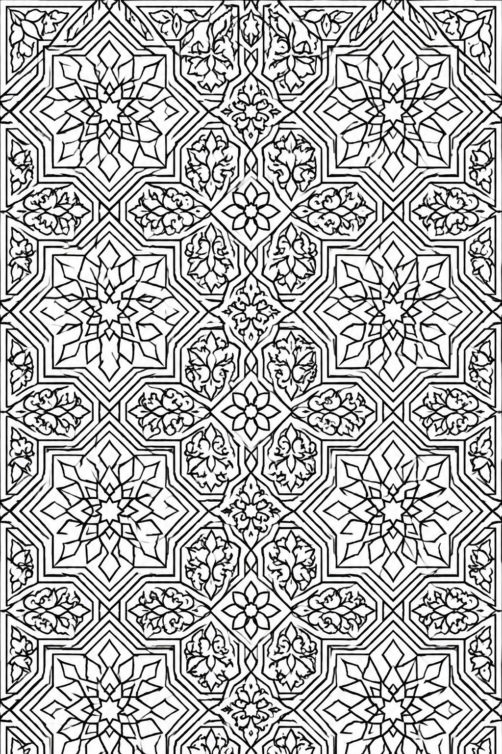 Intricate black and white geometric pattern of stars, flowers, and leaves