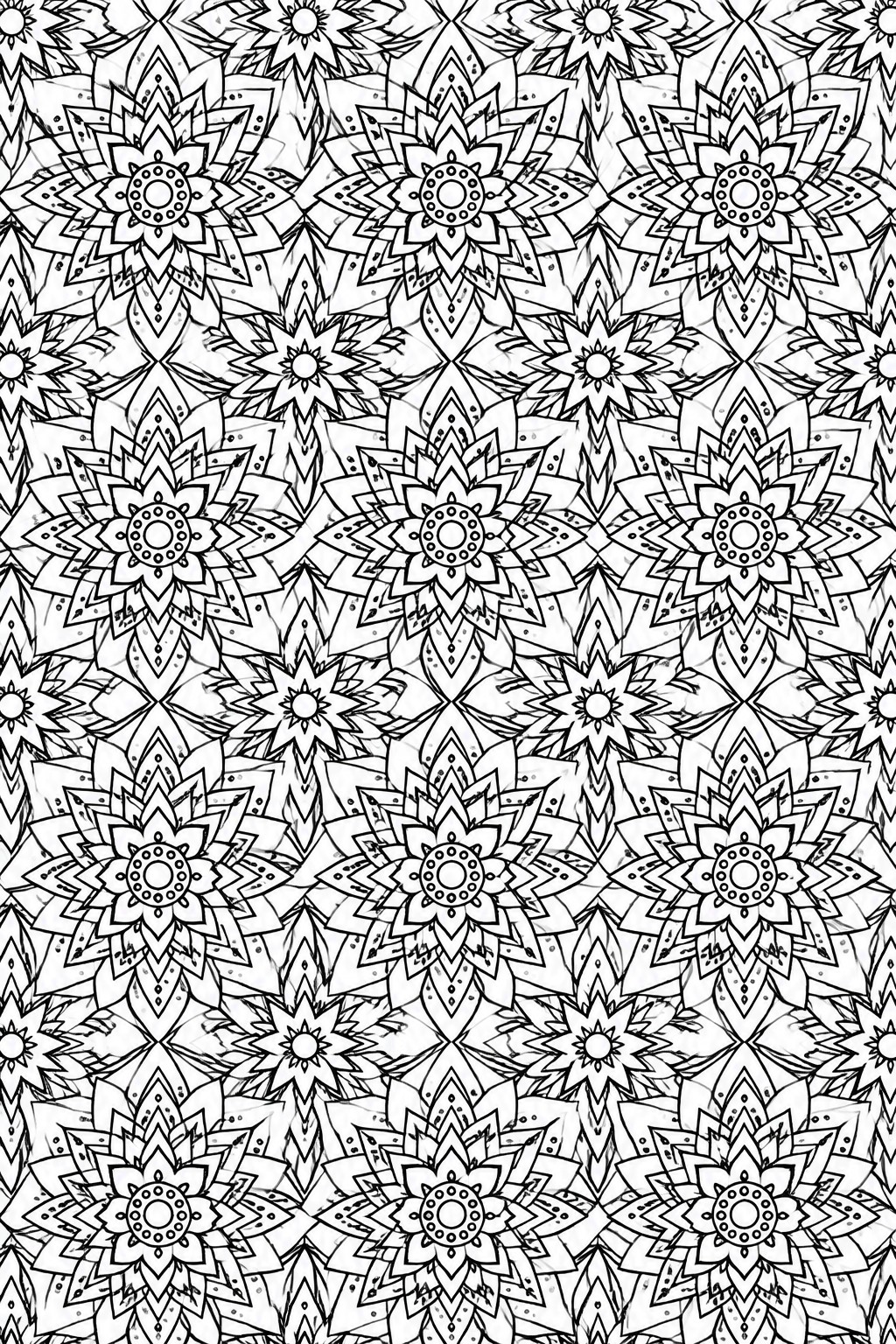 A black and white coloring page filled with repeating intricate mandala style flower designs featuring layered petals and circular centers.
