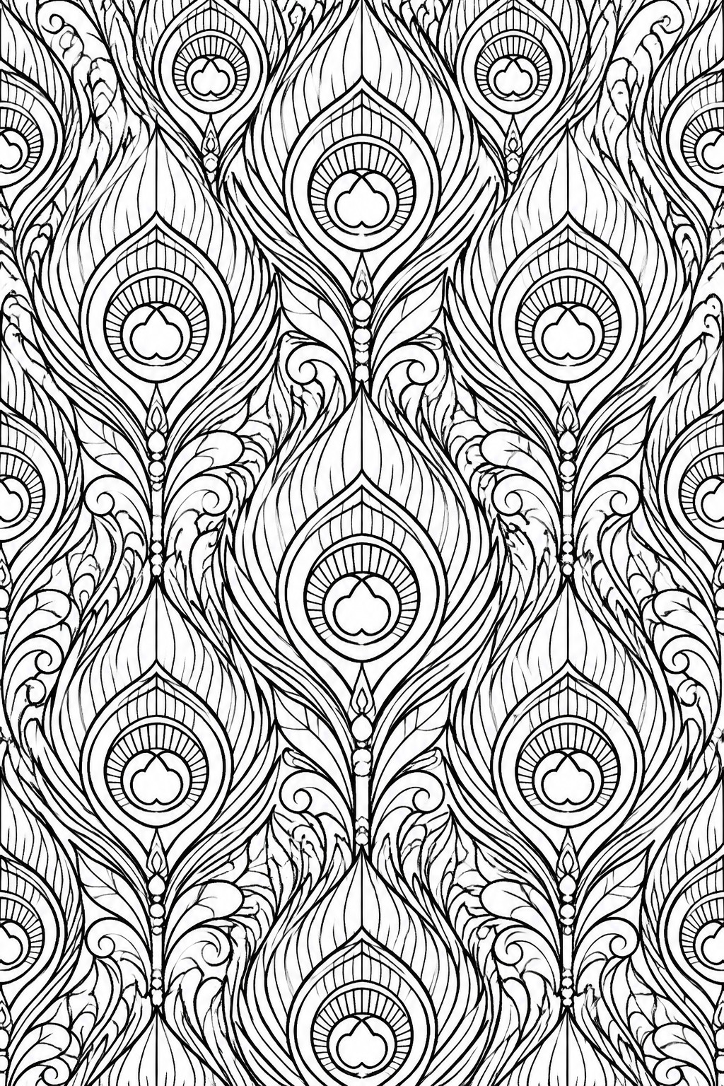 Intricate black and white repeating peacock feather pattern with heart motifs