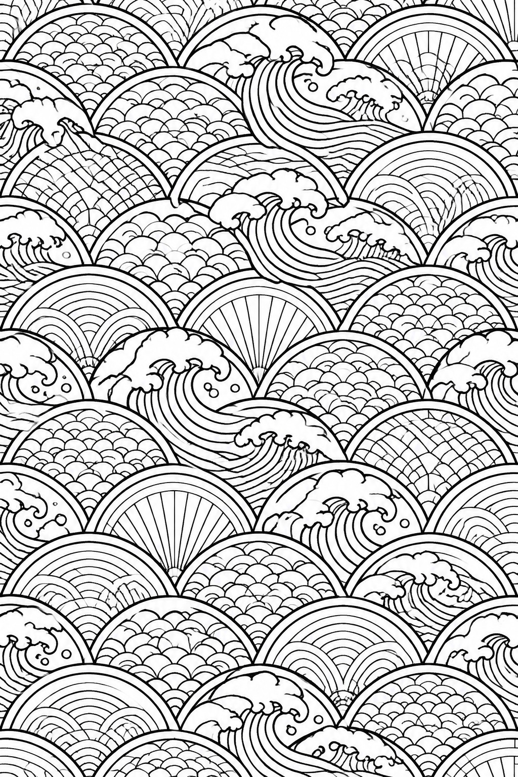 A black and white coloring page filled with repeating stylized ocean wave patterns including foam and curved lines.