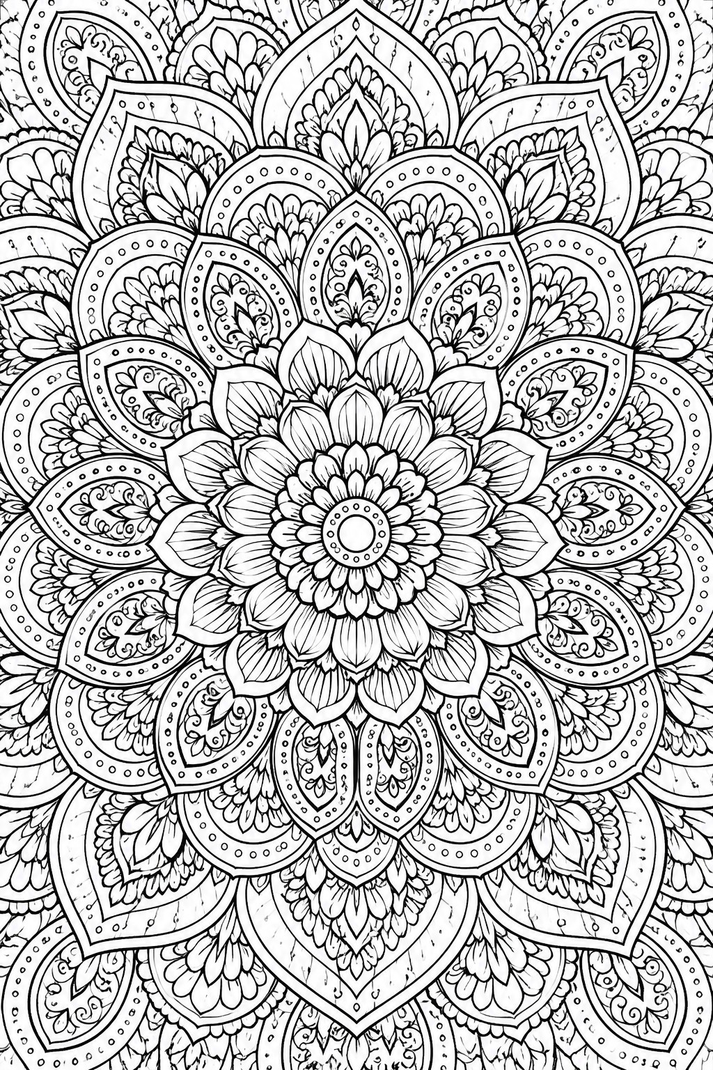 Intricate black-and-white mandala with symmetrical floral petals and geometric patterns.