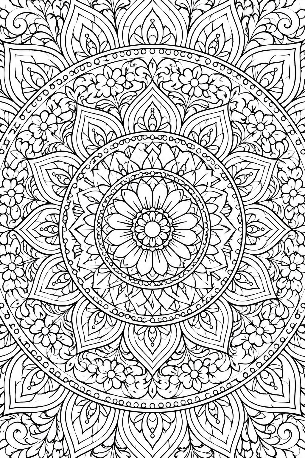 Intricate black-and-white mandala with floral patterns, leaves, and symmetrical circular designs