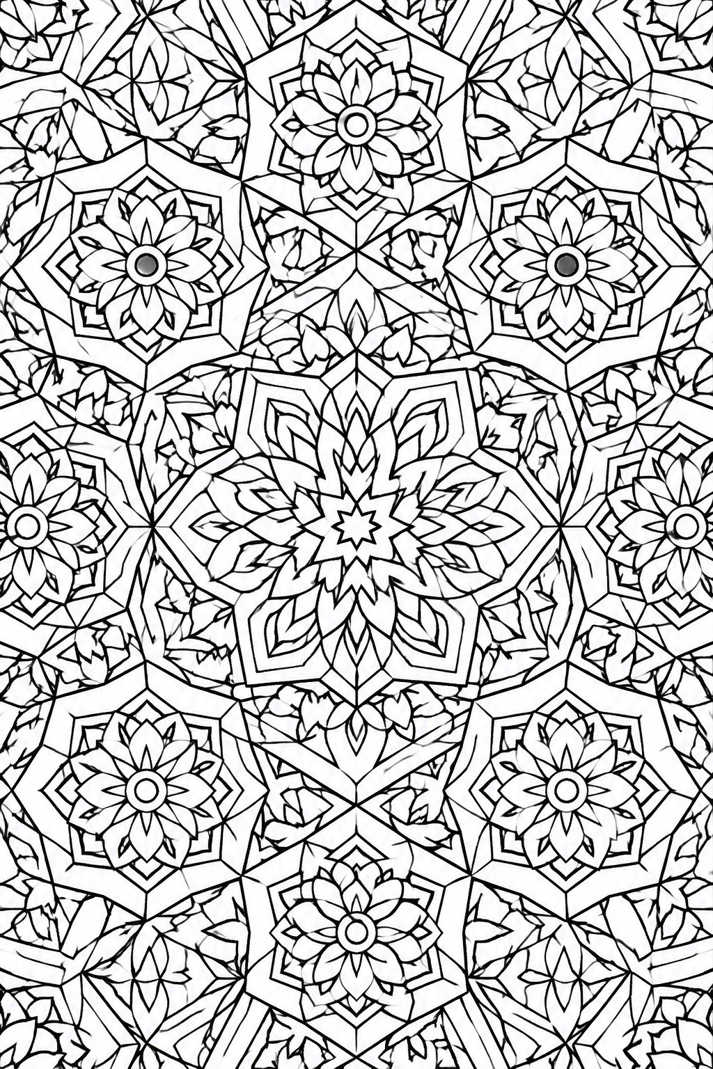 Intricate black-and-white mandala with floral, geometric, and symmetrical repeating patterns