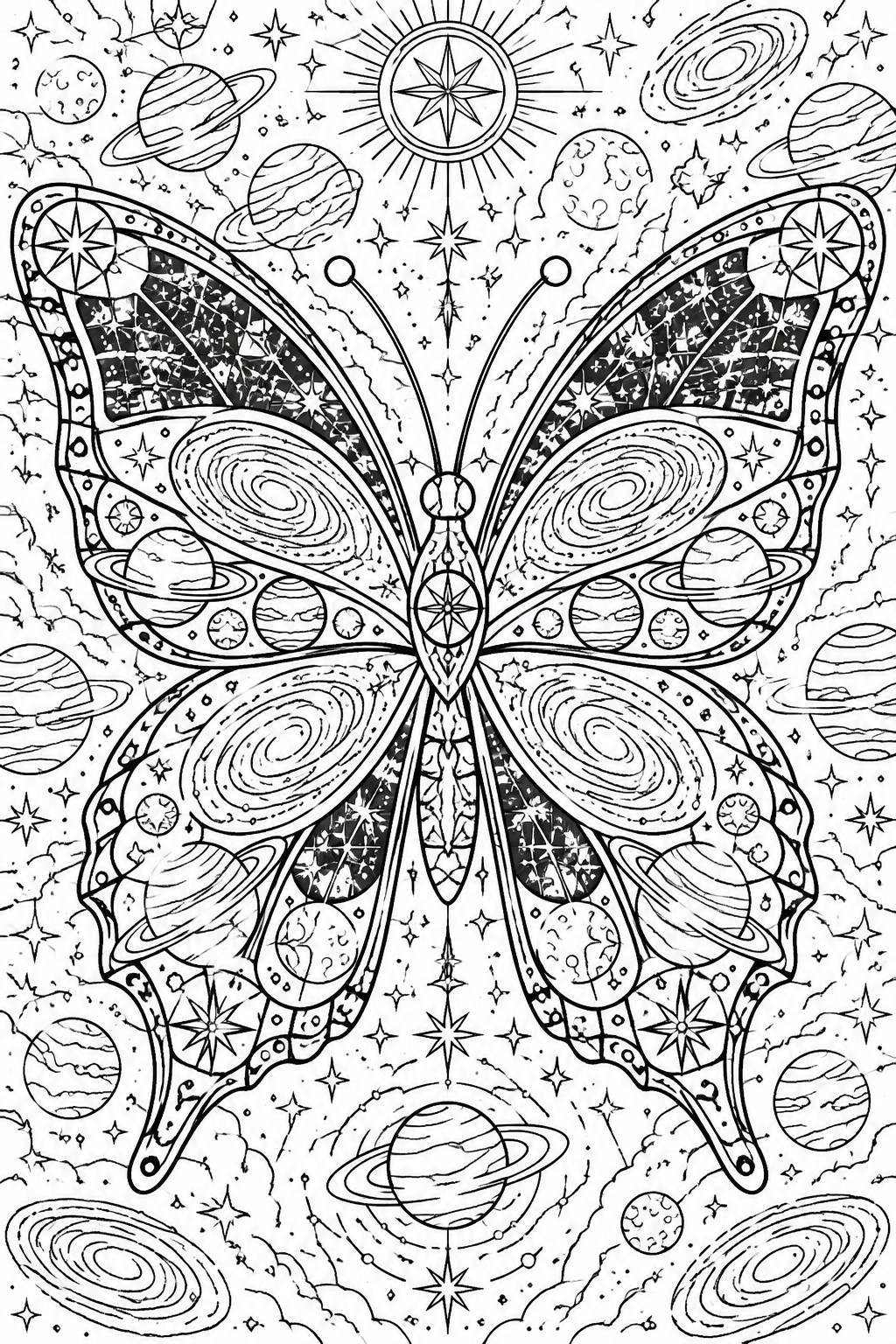 Intricate butterfly with wings patterned in planets, stars, galaxies, and nebulae.