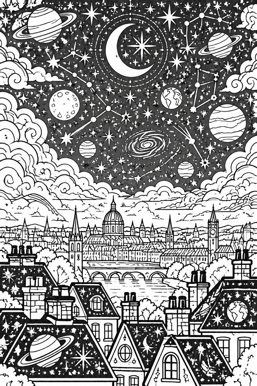 A black and white coloring page showing a night sky with planets, stars, a crescent moon, constellations, and a galaxy above a cityscape of rooftops, a bridge, and buildings.