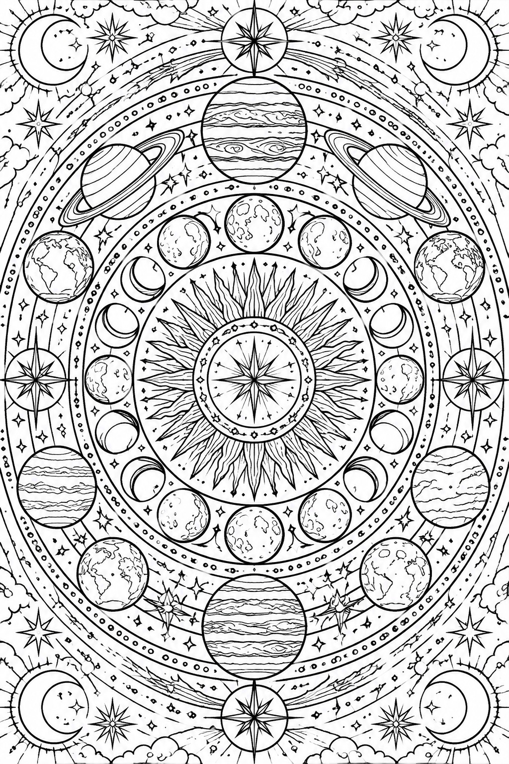 A black and white line drawing of a detailed celestial mandala with planets, moons, stars, and comets arranged in concentric circles around a central sun.