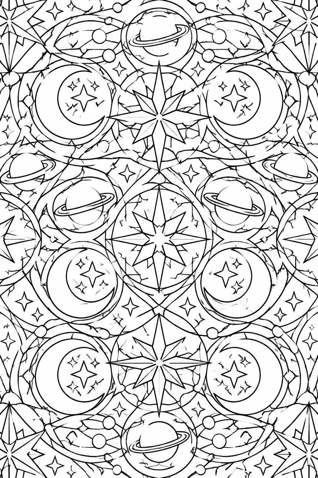 Intricate black-and-white mandala of planets, moons, stars, and celestial rings