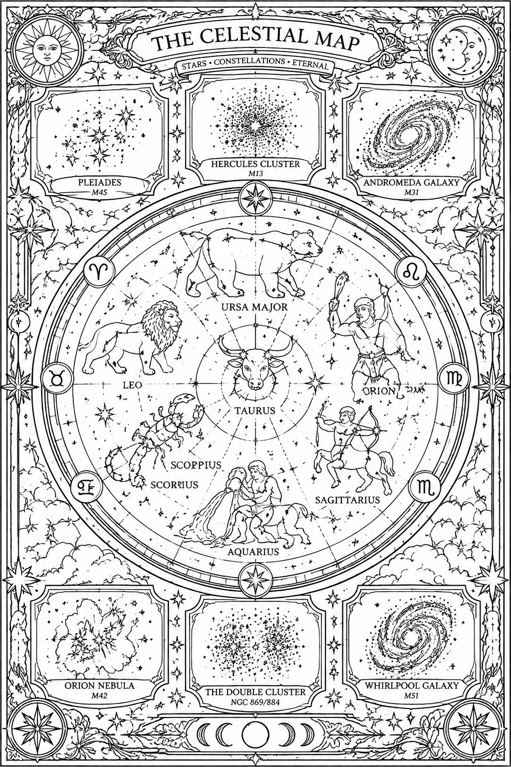 Ornate black-and-white celestial map with zodiac constellations, star clusters, and decorative borders.