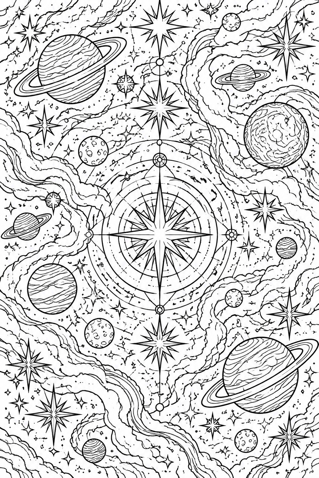 Celestial coloring page with planets, stars, nebulae, and central compass rose.