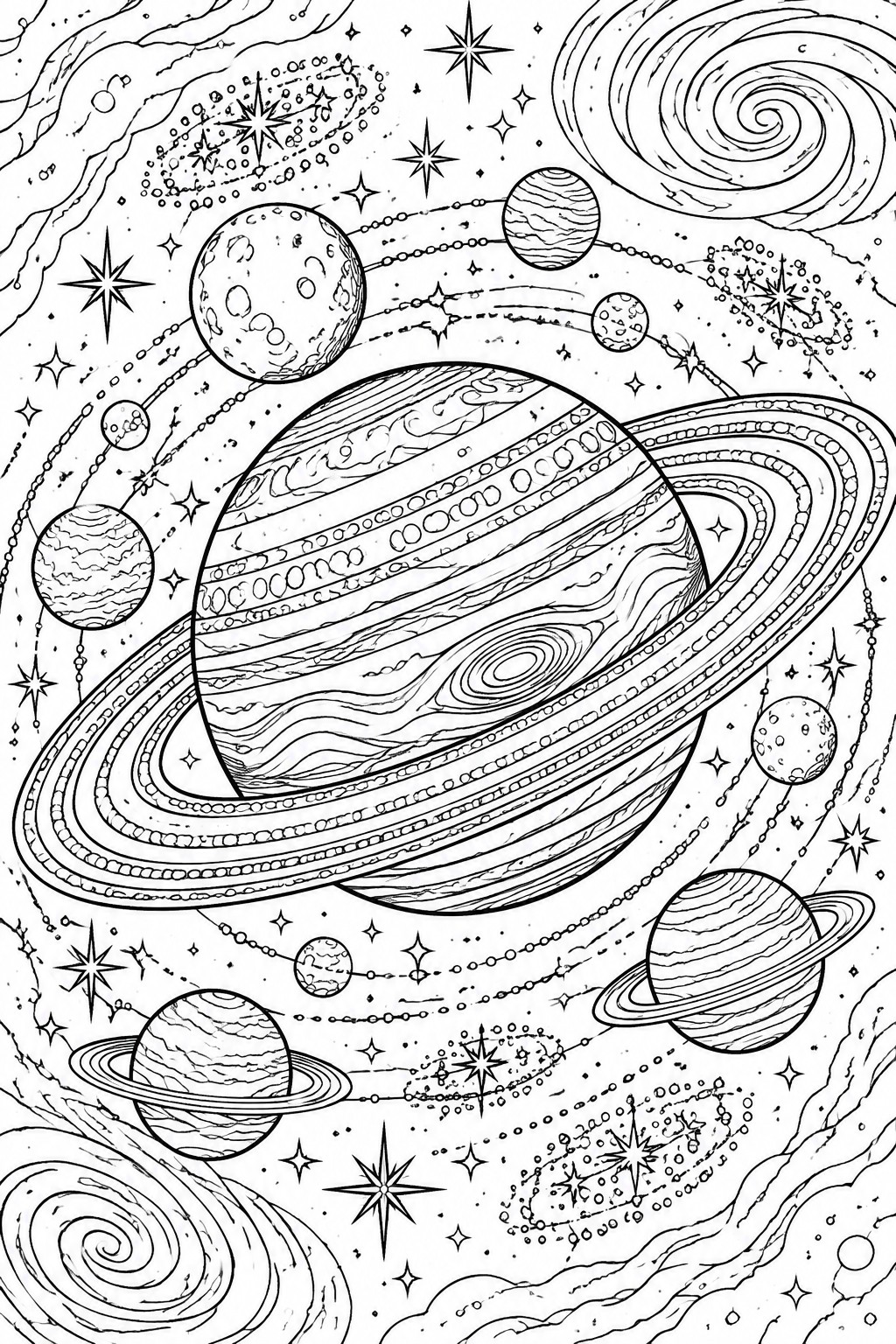 Coloring page with ringed planets, striped gas giants, stars, and swirling galaxies.