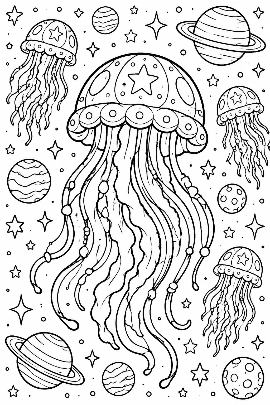 Black and white line art coloring page with a large central jellyfish covered in stars and dots, two smaller jellyfish, multiple planets, and scattered stars on a white background.