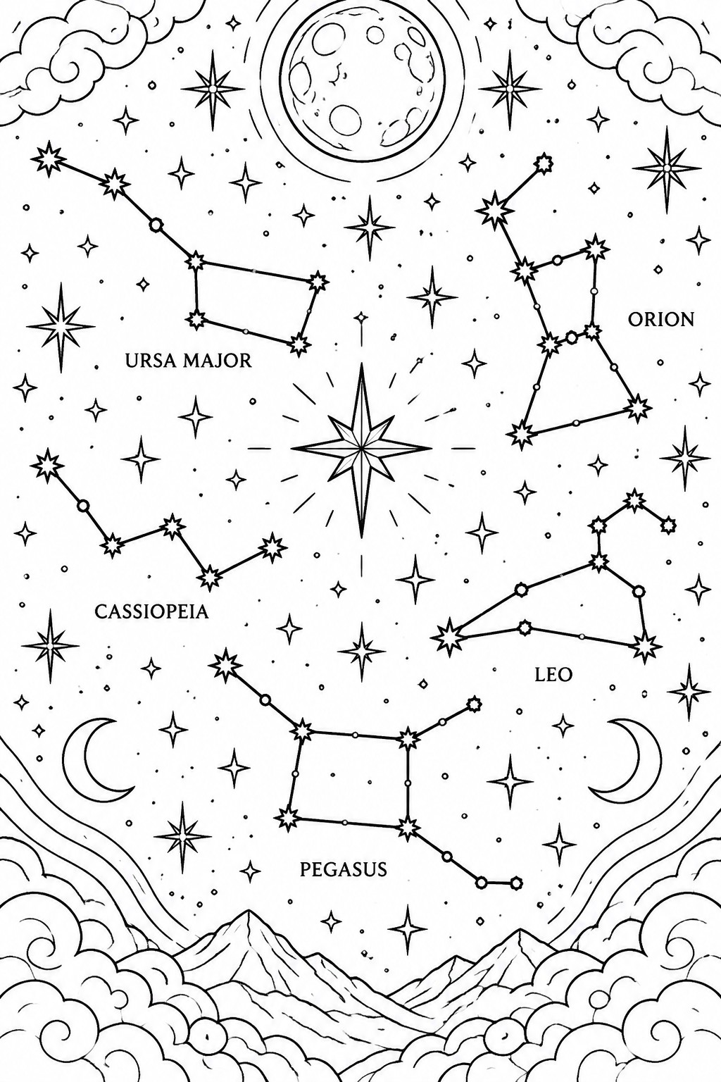 Black and white coloring page with labeled constellations Ursa Major, Cassiopeia, Orion, Leo, and Pegasus, a large moon, stars, clouds, and mountains.