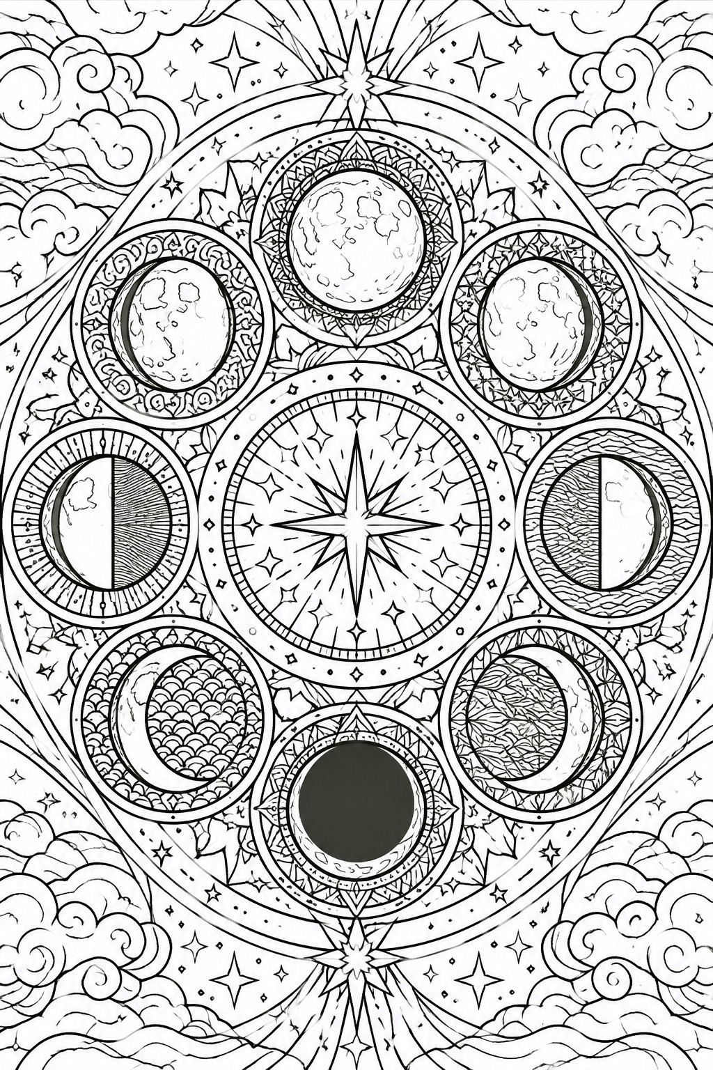 Ornate celestial mandala with moon phases, central star, clouds, and stars.