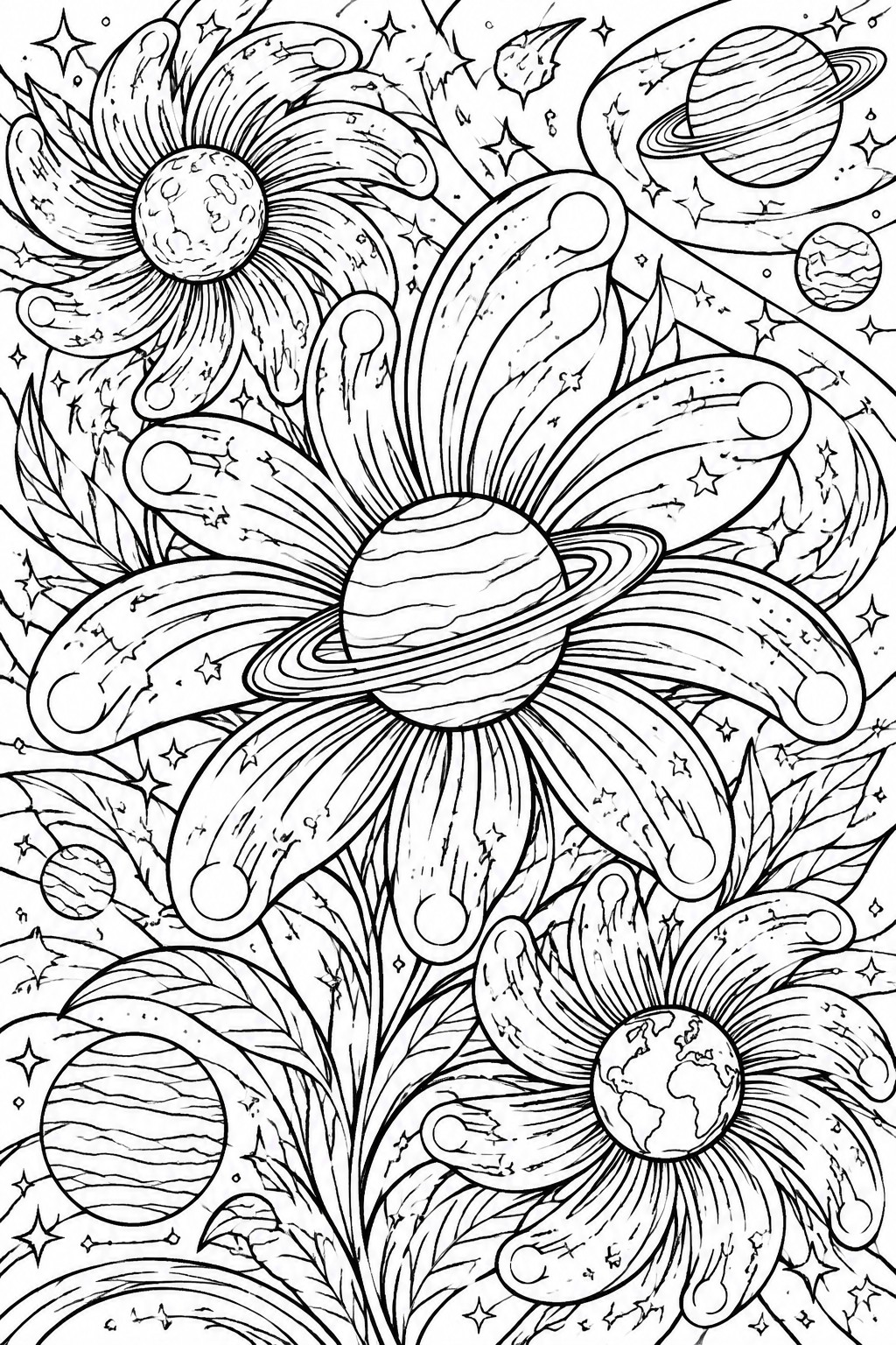 Coloring page of cosmic flowers with planetary centers, stars, rings and comets