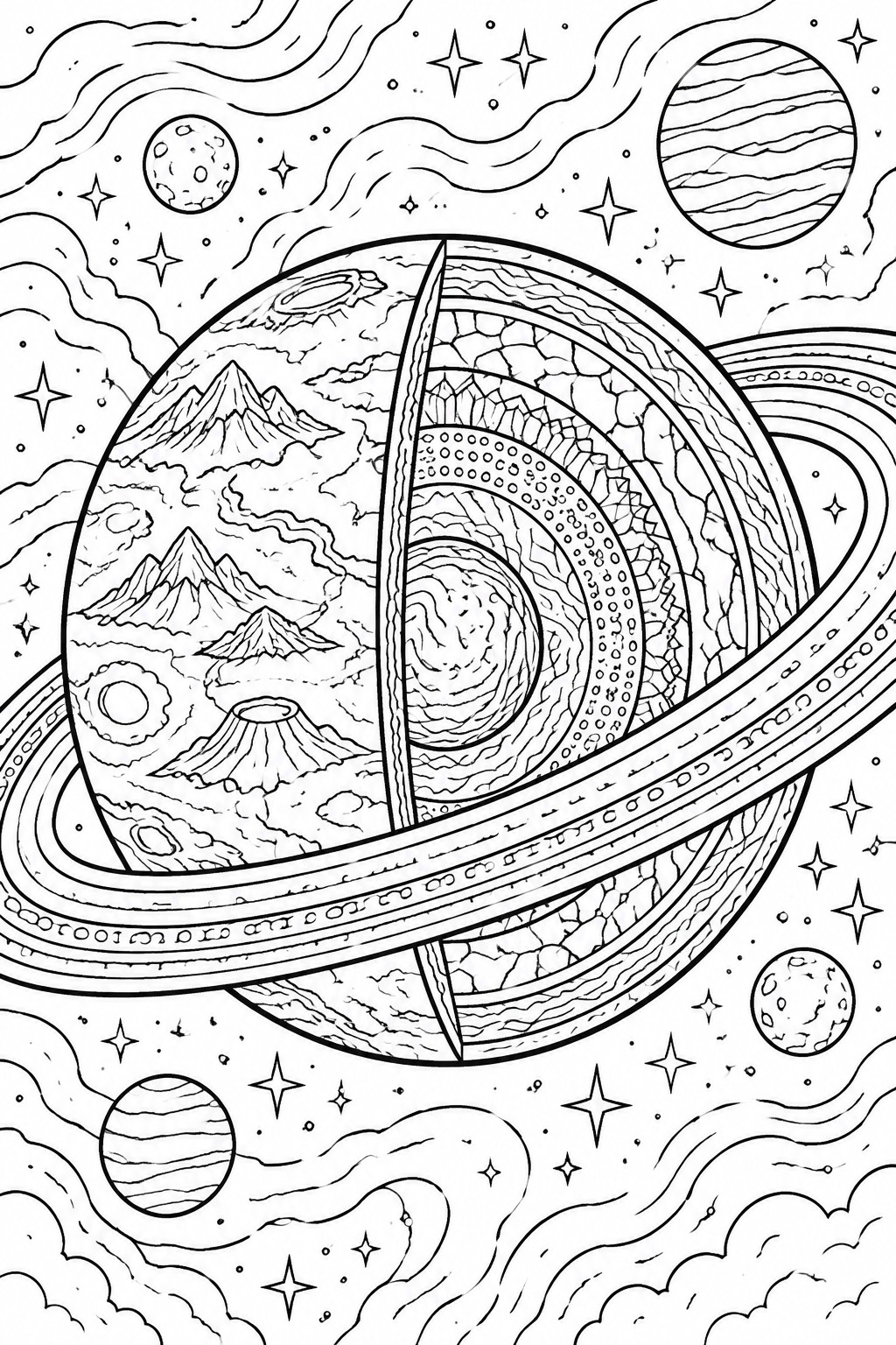 A black and white line drawing of a large ringed planet with mountains, volcanoes, rings, smaller planets, stars, and swirling clouds in space.