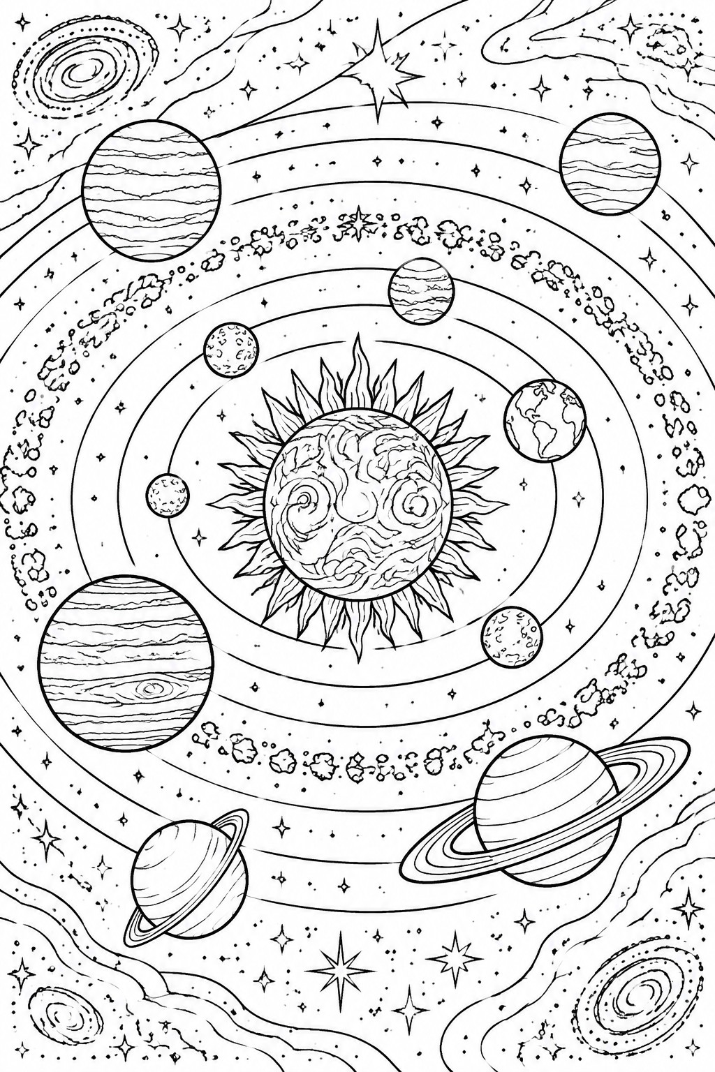 A black and white coloring page showing the sun at the center with planets arranged in concentric orbits, asteroids, stars, and galaxies filling the surrounding space.