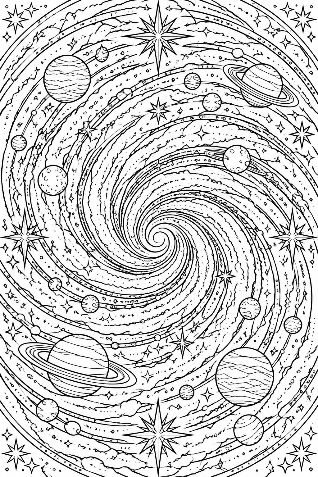Spiral galaxy coloring page with planets, stars, rings, and swirling cosmic lines.