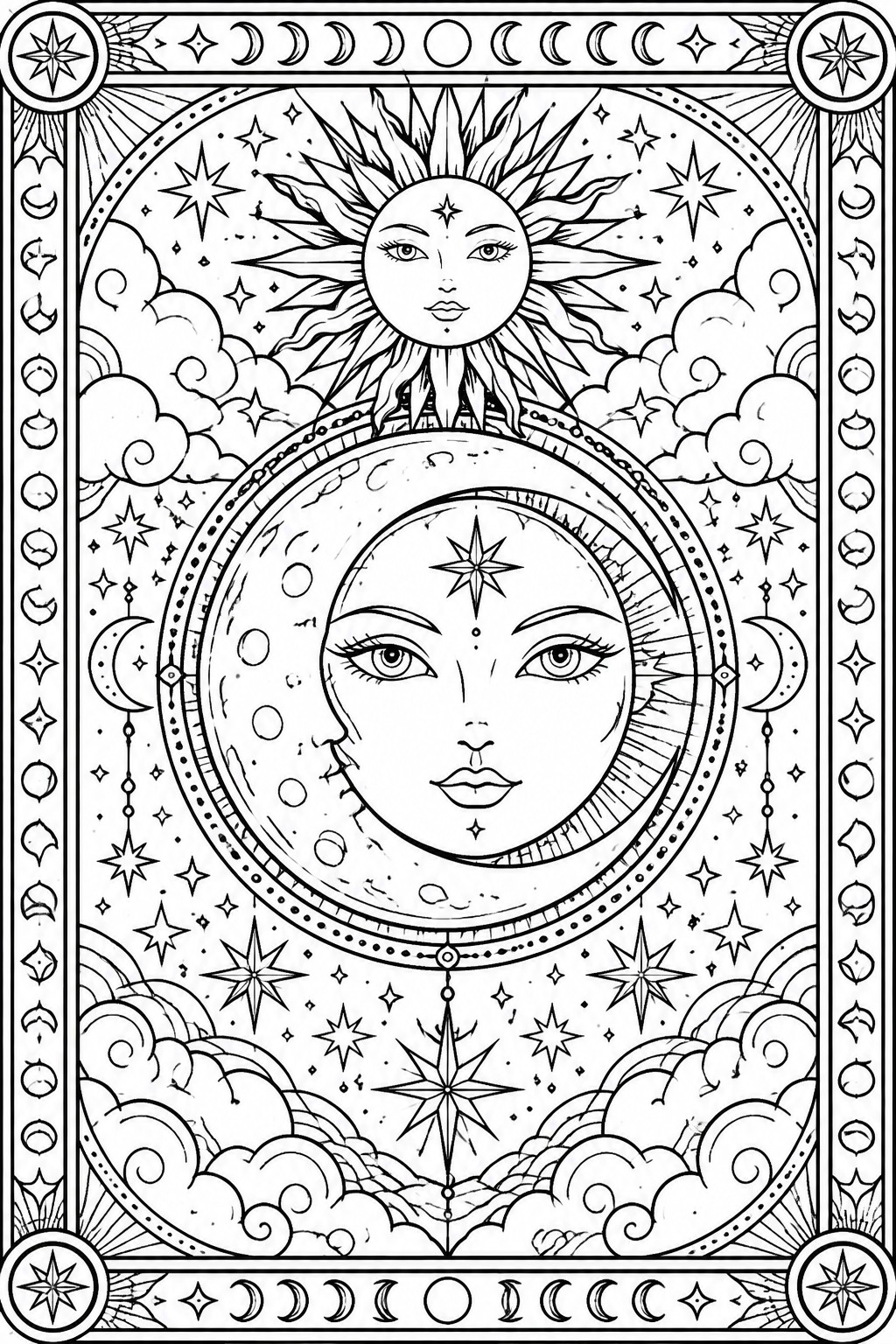 Black and white line art of a sun face above a crescent moon face, with stars, clouds, and a moon phase border.