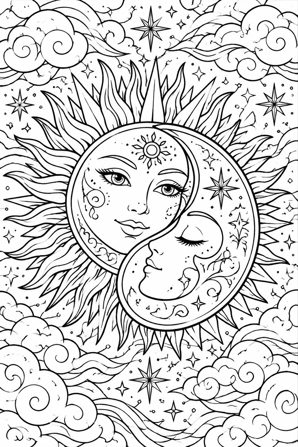 Black and white line art of a sun and crescent moon with faces, surrounded by stars and clouds.