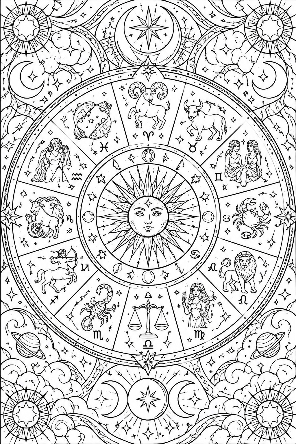 A black and white line drawing of a zodiac wheel coloring page showing all twelve signs in a circle around a central sun face, with moons, stars, and planets filling the background.