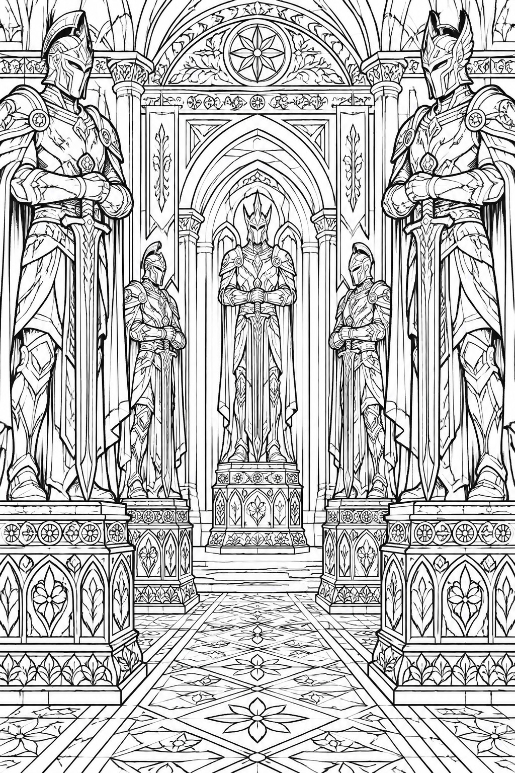 Armored knights on pedestals in an ornate Gothic hall with patterned floor.
