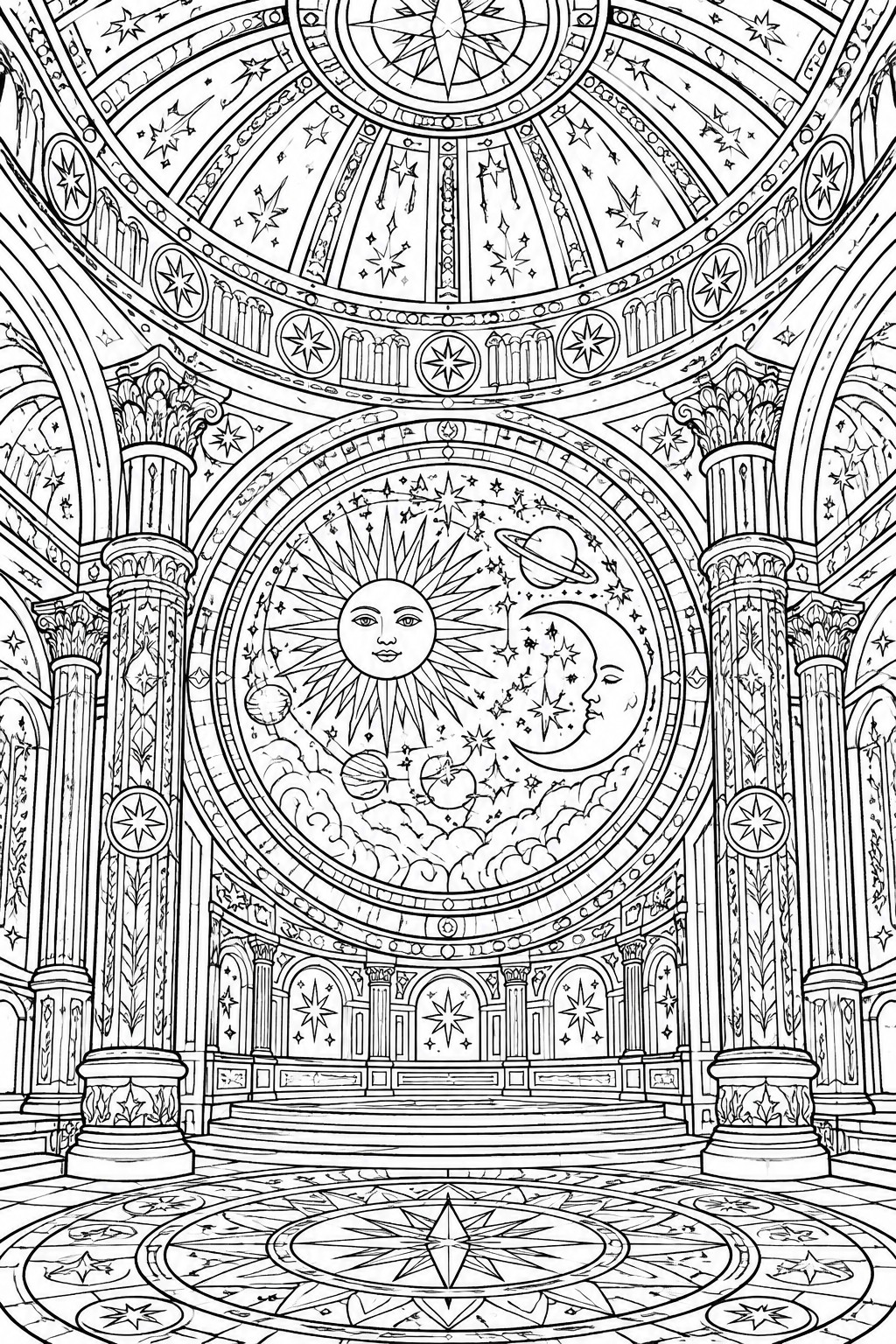 Ornate line drawing of celestial domed hall with sun, moon, stars, pillars and compass floor.