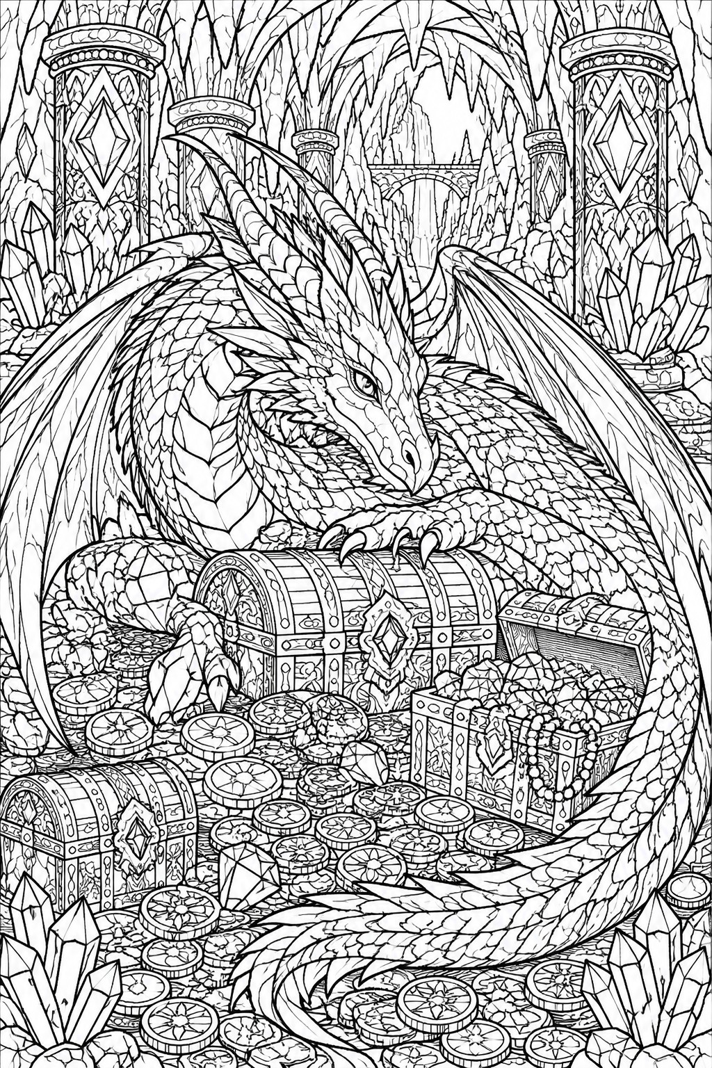 Elaborate line art of a dragon coiled around treasure chests in a crystal cave.