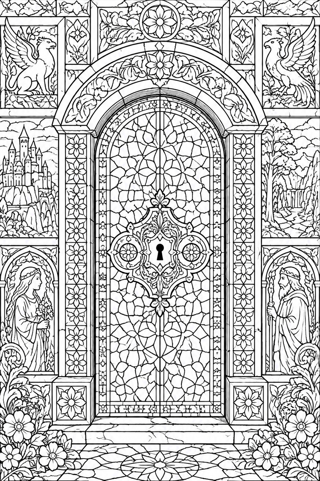 Ornate arched doorway with stained glass, griffins, crowned figures, castle, and floral carvings.