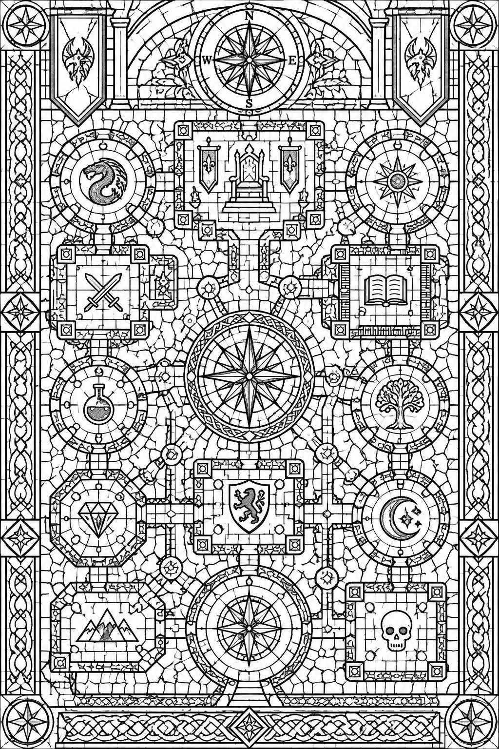 Intricate black-and-white mosaic of fantasy symbols, compasses, shields, dragon, and emblems