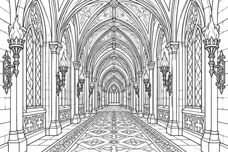 Gothic cathedral corridor with vaulted arches, stone pillars, torches, and patterned floor.