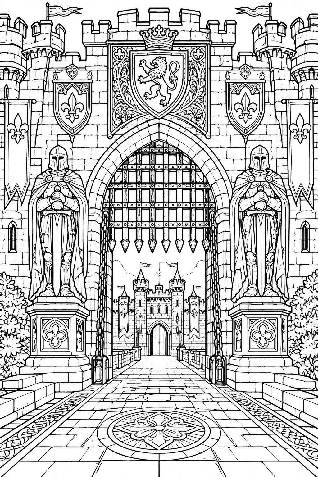 Medieval castle gateway with two armored knights, lion crest, and raised portcullis.