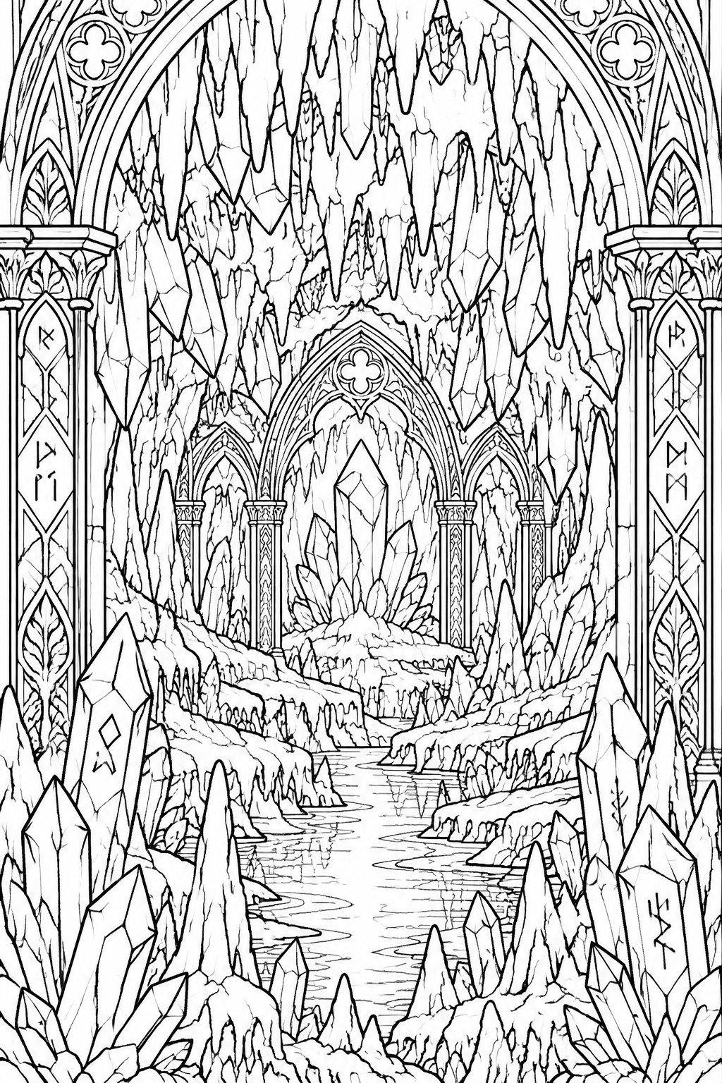 A black and white line art coloring page showing a river flowing through a crystal cave beneath ornate gothic arches and rune-marked pillars.